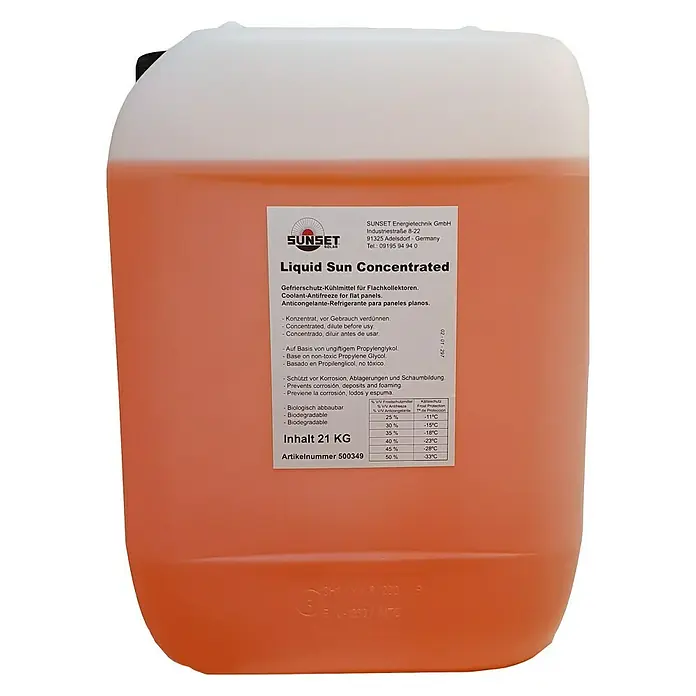 Sunset Solar-Frostschutzmittel - Frostbeständig: Bis -28 °C, 21 l - Abbildung eines 21-kg-Kanisters Liquid Sun Concentrated, einem Frostschutz-Kühlmittel für Flachkollektoren.