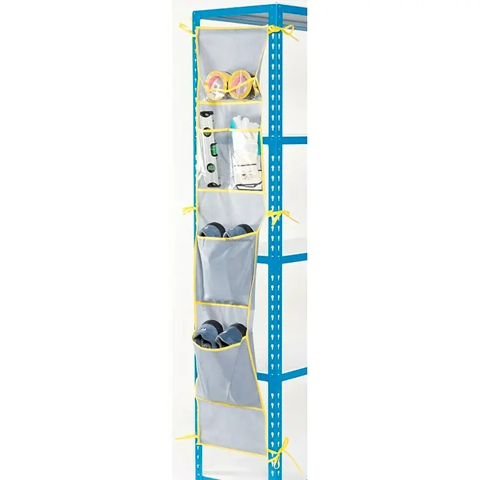 Simonrack Organizador - Blanco - Estantería con organizador gris con múltiples bolsillos y detalles amarillos para guardar herramientas y accesorios.