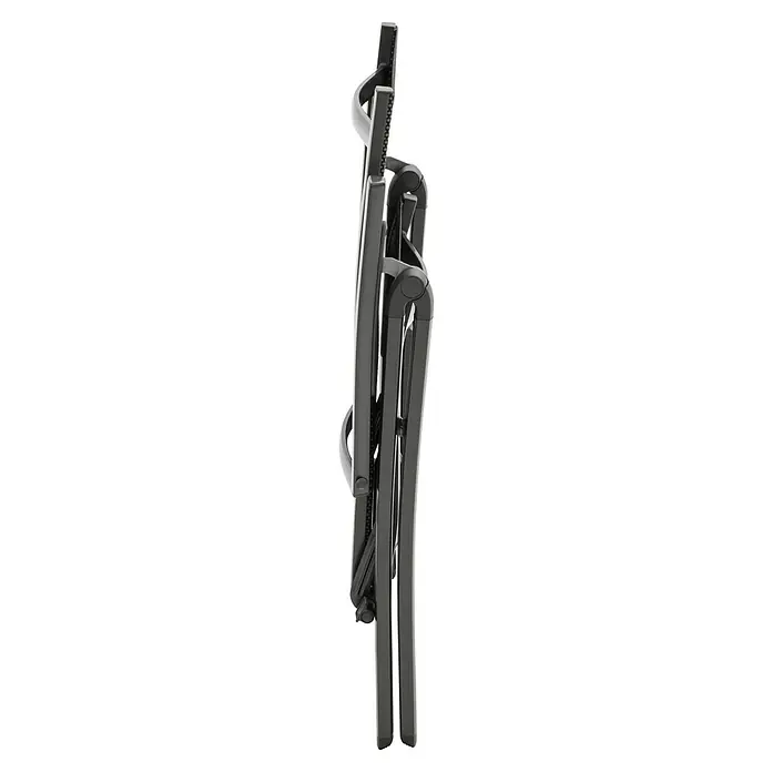 Gartenmöbel-Set Maja II - 7 -tlg., Glas/Textilen/Aluminium, Anthrazit, Tischplatte ausziehbar - Ansicht eines zusammengeklappten, schwarzen Gartenstuhls aus Metall, ideal für platzsparende Lagerung und einfachen Transport.