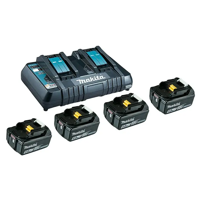 Makita LXT 18V Akku & Ladegerät Power Source Kit mit Doppelladegerät - 18 V, 5 Ah, 4 Akkus - Ein Makita Ladegerät mit vier Makita 18V 5.0Ah Akkus. Ideal für kabellose Werkzeuge.