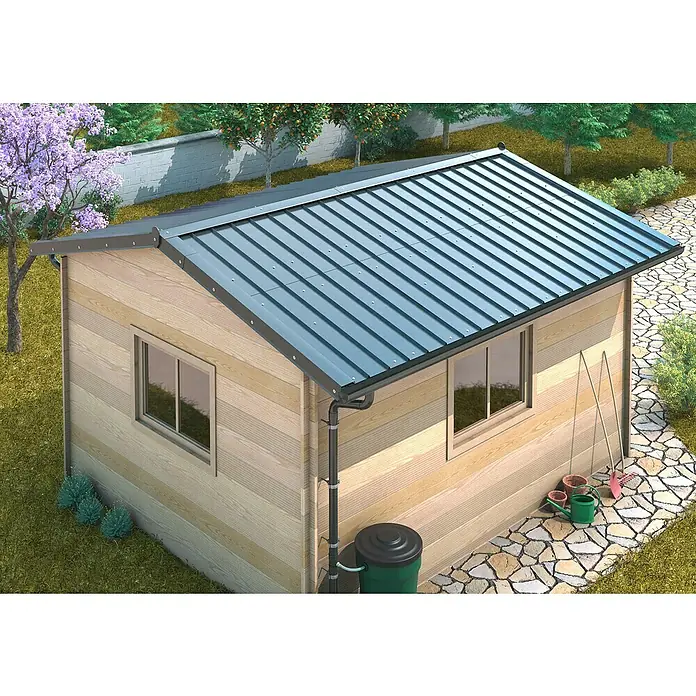 Sarei Piccolo Ablauf-Set - Nennweite: 80 mm, Aluminium, Anthrazit, Rund - Nahaufnahme eines Gartenhauses mit Metalldach, das sich perfekt in jeden Garten einfügt und einen praktischen Stauraum bietet.