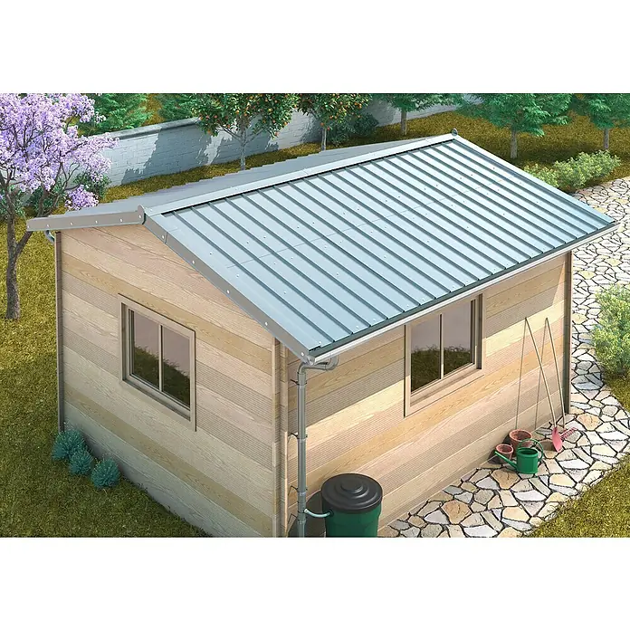 Sarei Piccolo Ablauf-Set - Nennweite: 80 mm, Aluminium, Silber, Rund - Außenansicht eines modernen Holzschuppens mit Metalldach, umgeben von einem grünen Garten. Der Schuppen verfügt über Fenster und eine Regenrinne.
