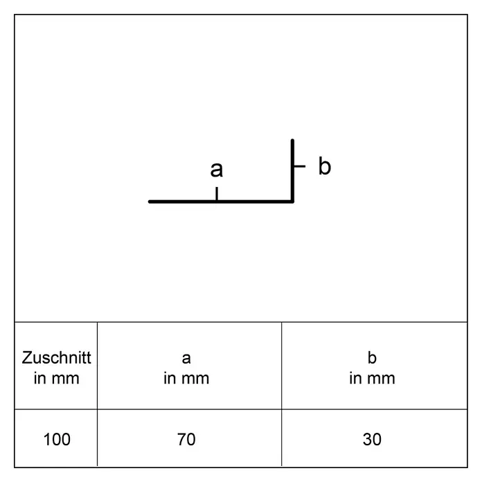Sarei Winkelprofil PP 11 - L x B x H: 1.250 x 30 x 70 mm, Aluminium, Anthrazit - L-förmiges Profil mit Maßen a und b; Tabelle zeigt Zuschnitt 100mm, a 70mm, b 30mm.