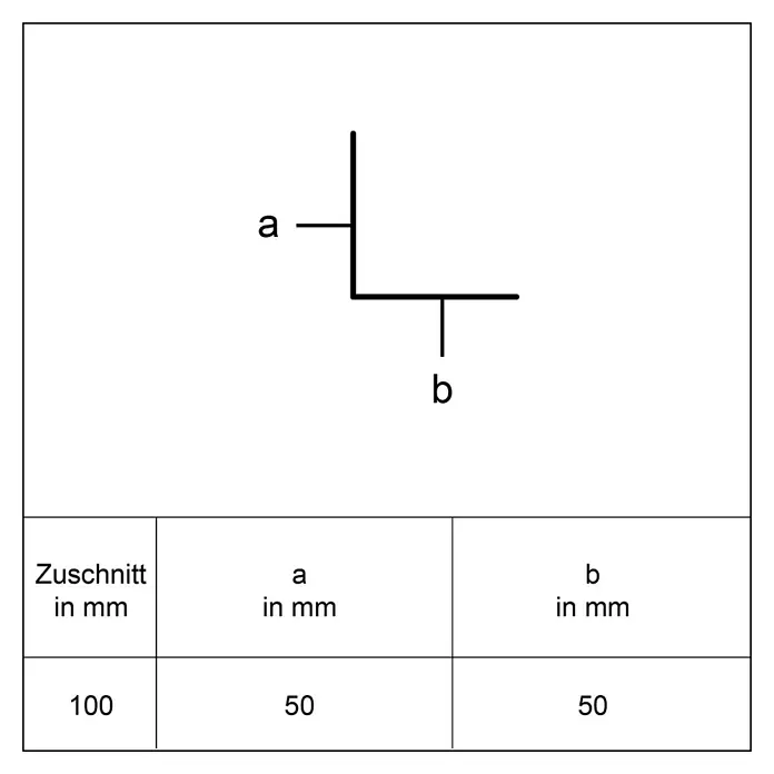Sarei Winkelprofil PP15 - L x B x H: 1.250 x 50 x 50 mm, Aluminium, Anthrazit - L-förmiges Profil mit 'a' und 'b' Maßen; 100mm Zuschnitt bildet zwei 50mm Arme.