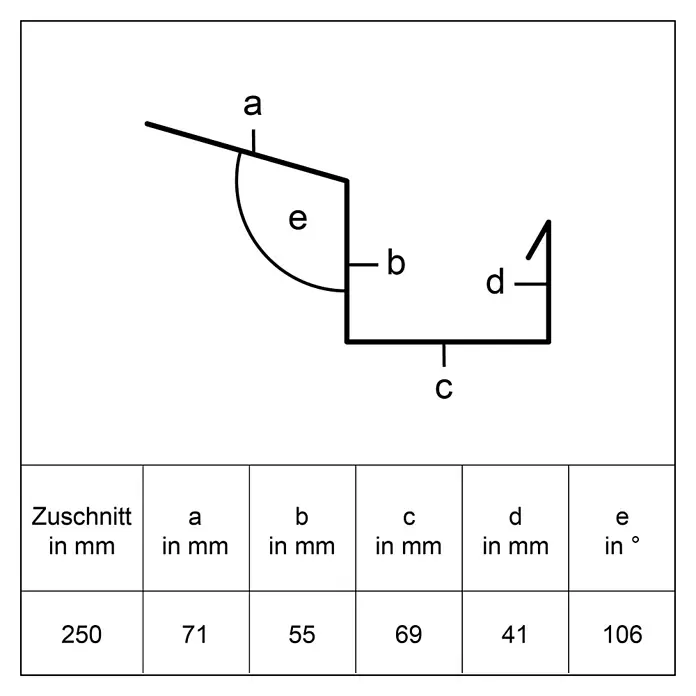 Sarei Kastendachrinne Profil - Nennweite: 70 mm, Länge: 125 cm, Aluminium, Anthrazit - Profilskizze mit Bemaßungen (a, b, c, d in mm, Winkel e in °) und einer Wertetabelle.