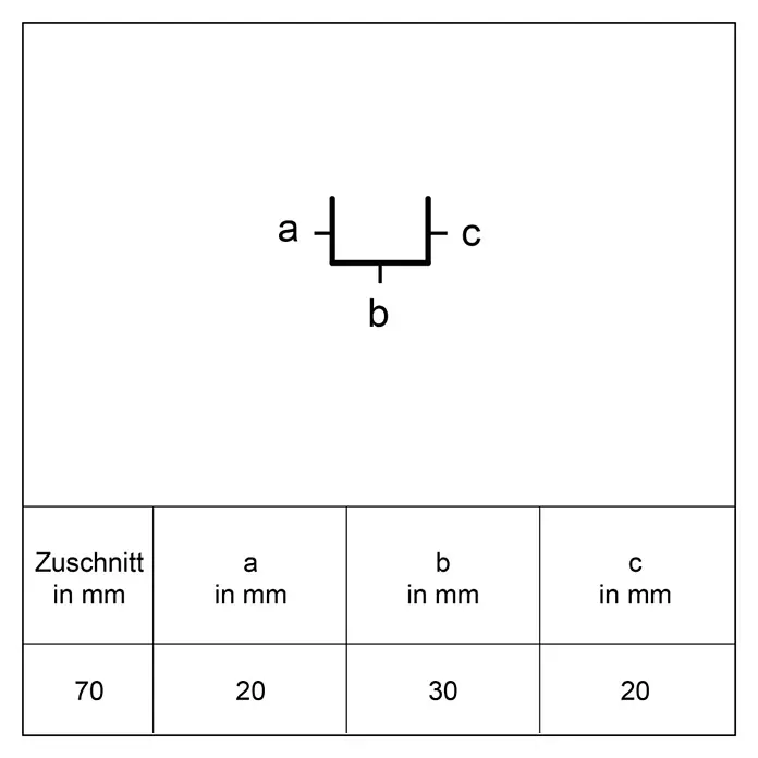 Sarei U-Profil PP20 - 1.250 x 30 x 20 mm, Silber, Aluminium - Technische Zeichnung eines U-Profils mit Segmenten a=20mm, b=30mm, c=20mm und einer Gesamtlänge von 70mm.