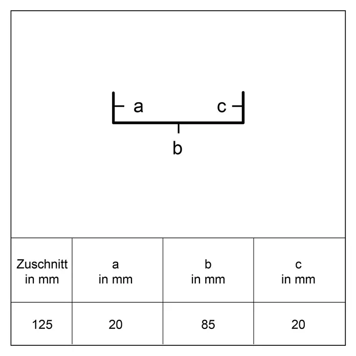 Sarei U-Profil PP22 - 1.250 x 85 x 20 mm, Silber, Aluminium - Diagramm eines Bauteils mit Segmenten a, b, c, und Tabelle der Längen: Gesamt 125mm (a=20, b=85, c=20).