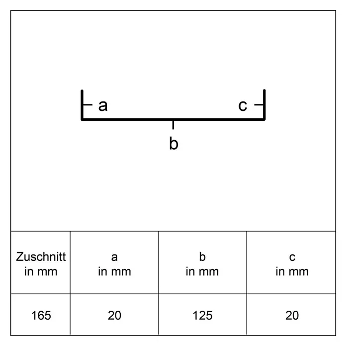 Sarei U-Profil PP24 - 1.250 x 125 x 20 mm, Silber, Aluminium - Diagramm einer in Segmente a, b, c unterteilten Linie mit Tabelle der Maße: gesamt 165 mm, a=20mm, b=125mm, c=20mm.