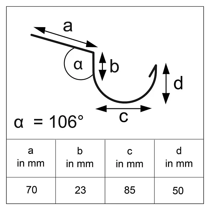 Sarei Piccolo Dachrinne - Nennweite: 80 mm, Länge: 200 cm, Aluminium, Silber - Regenrinnenquerschnitt mit Bemaßungen a, b, c, d und Winkel Alpha = 106 Grad. Abmessungen: a=70mm, b=23mm, c=85mm, d=50mm.