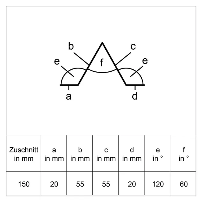 Sarei Hutprofil - Länge: 125 cm, Aluminium, Anthrazit - Technische Zeichnung eines Profils mit Maßen (Längen, Winkel) und einer Wertetabelle.
