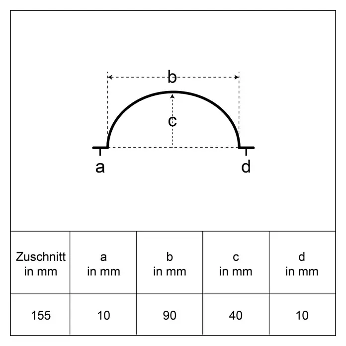 Sarei Rundprofil - Länge: 125 cm, Aluminium, Anthrazit - Technische Zeichnung eines gekrümmten Profils mit Bemaßungen a, b, c, d und einer Wertetabelle in Millimetern.