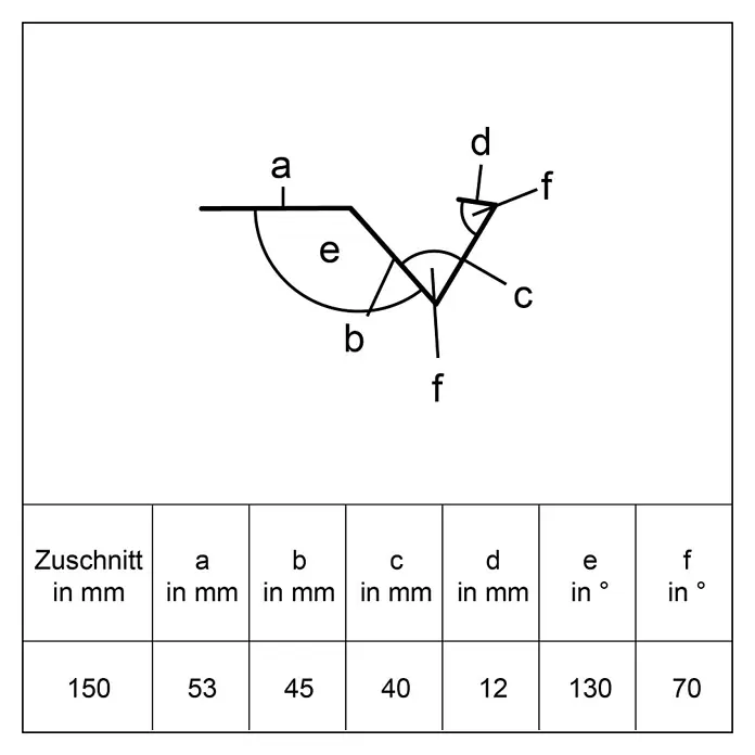 Sarei Regenrinne Protection 3 "Mini-Rinne" - L x B x H: 1.250 x 40 x 105 mm, Aluminium, Anthrazit - Technisches Diagramm eines Profilzuschnitts mit Längen- (a-d) und Winkelmaßen (e-f), samt Wertetabelle.