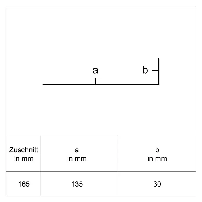Sarei Winkelprofil PP 13 - L x B x H: 1.250 x 30 x 135 mm, Aluminium, Anthrazit - Diagramm eines gekanteten Profils, Segmente 'a' (135 mm) und 'b' (30 mm), Gesamtzuschnitt 165 mm.