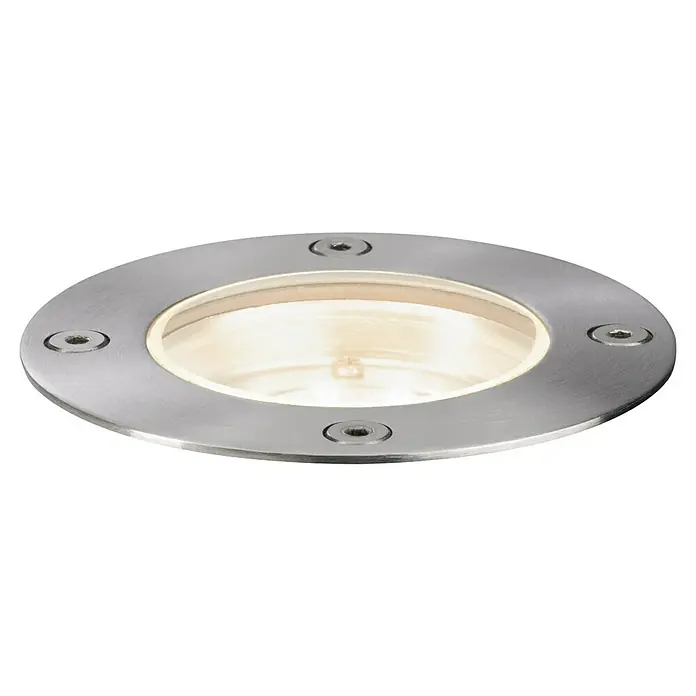 Paulmann Plug & Shine Bodeneinbauleuchte - 3,6 W, Warmweiß, IP65, Rund - Nahaufnahme einer runden LED-Bodeneinbauleuchte aus gebürstetem Edelstahl mit warmweißem Licht und vier Befestigungsschrauben.