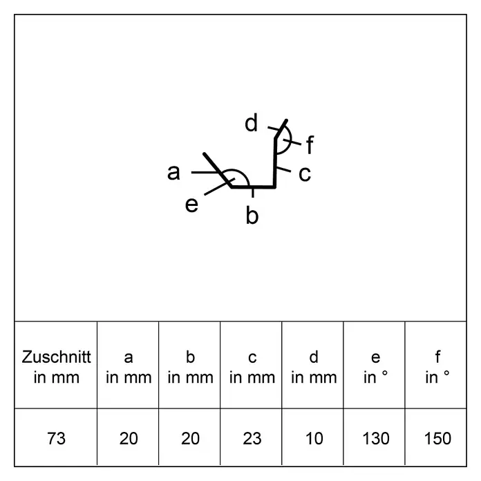 Sarei Blendenprofil Protection 26 - L x B x H: 1.250 x 35 x 40 mm, Aluminium, Silber - Diagramm eines gebogenen Profils mit Segmenten a, b, c, d und Winkeln e, f, sowie einer Tabelle mit deren Maßen.