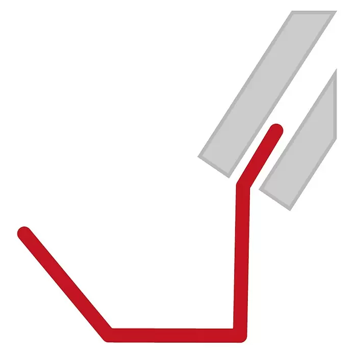 Sarei Blendenprofil Protection 26 - L x B x H: 1.250 x 35 x 40 mm, Aluminium, Silber - Stilisiertes Symbol: Eine rote Linie, die zwei graue, geneigte Formen erreicht und ein Signal oder Datenfluss darstellt.