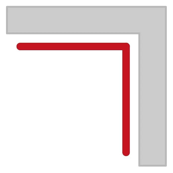 Sarei Winkelprofil PP17 - L x B x H: 1.250 x 100 x 100 mm, Aluminium, Anthrazit - Roter L-förmiger Marker mit abgerundeten Enden, von einem hellgrauen L-förmigen Rahmen umgeben.