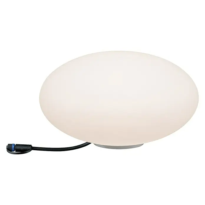 Paulmann Plug & Shine LED-Dekoleuchte Stone - 2,8 W, Weiß, L x B x H: 35 x 35 x 19,4 cm - Nahaufnahme einer stilvollen, runden Leuchte mit Kabel auf einem schwarzen Hintergrund, die ein sanftes, diffuses Licht ausstrahlt.