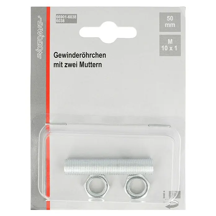 Voltomat Gewinderöhrchen M10x1 - 50 mm, Mit 2 Muttern - Gewinderöhrchen mit zwei Muttern von VOLTOMAT, 50mm Länge und M 10x1 Gewinde, ideal für vielfältige Befestigungsanwendungen.