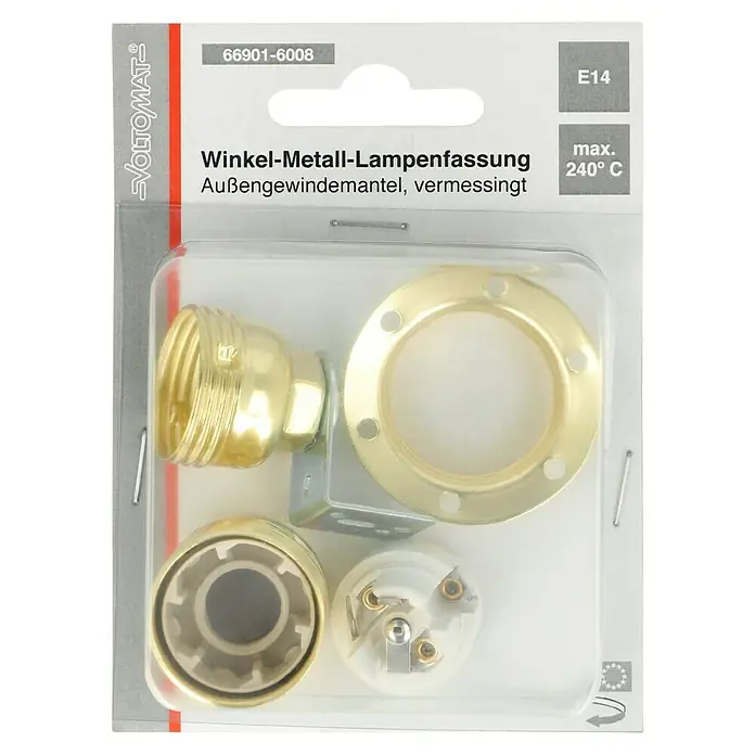 Voltomat Winkel-Lampenfassung mit Außengewindemantel - E14, Metall, Vermessingt, Max. Anschlussleistung: 60 W, Messing - Nahaufnahme einer Winkel-Metall-Lampenfassung von Voltomtat mit Außengewindemantel, vermessingt, E14, max. 240° C.