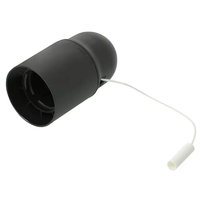 Voltomat Lampenfassung mit Zugschalter - E27, Schwarz, Kunststoff, Max. Anschlussleistung: 60 W - Schwarzer Duschkopf mit weißer Zugschnur. Das Gehäuse des Duschkopfs ist zylindrisch mit einem abgerundeten Ende.