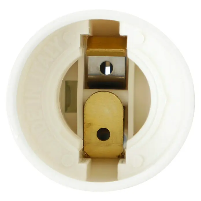 Voltomat Kerzenfassung E14 - E14, Höhe: 85 mm, Weiß, Max. Anschlussleistung: 40 W - Nahaufnahme einer Lampenfassung aus Keramik mit goldenen und silbernen Kontakten, die eine klare Sicht auf das Innere bietet.