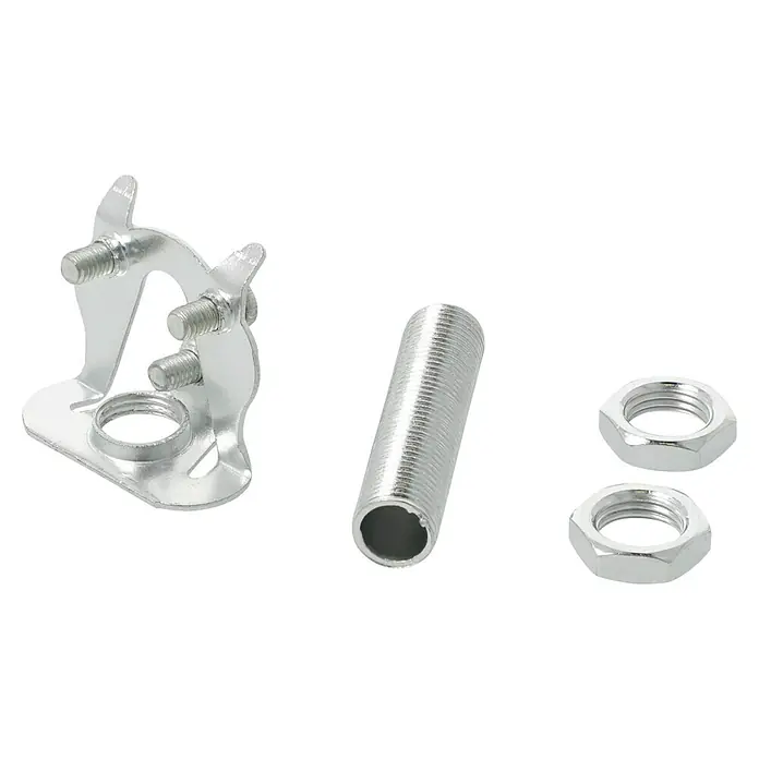 Voltomat Gewinderöhrchen M10x1 - 40 mm, Mit Leuchtenaufhänger & 2 Muttern - Ein glänzendes Set aus Halterung, Gewinderohr und Muttern, ideal für robuste Befestigungen und Installationen im Handwerk.
