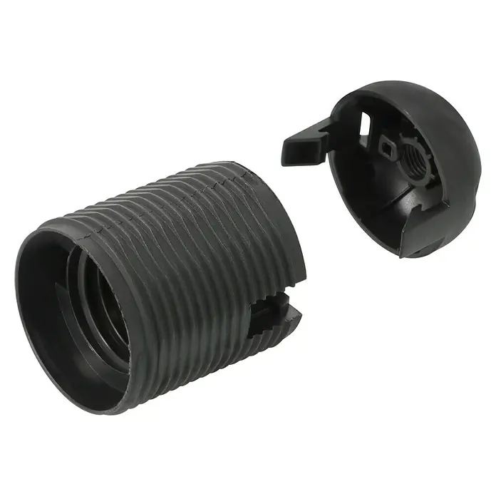 Voltomat Lampenfassung - E27, 60 W - Nahaufnahme eines zerlegten Lampenpendels mit schwarzem Baldachin und Lampenfassung.