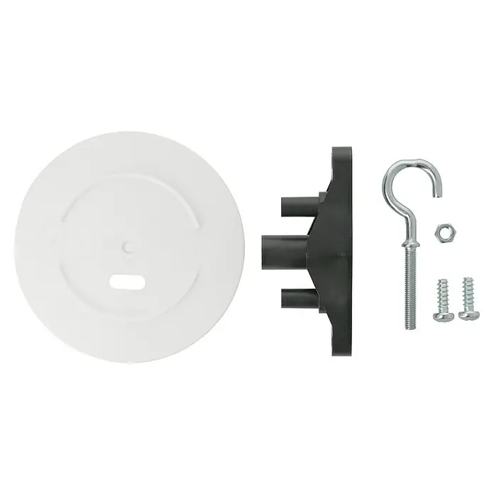 Kölner Deckendose-Zubehörsatz - 1 x Deckenhaken, 1 x Spezialdeckel, 1 x Halterung, 1 x M5 Gegenmutter, 2x Befestigungsschrauben - Eine Nahaufnahme einer Deckenleuchte-Montageplatte mit Haken, Schrauben und Muttern, die für die Installation vorbereitet sind.