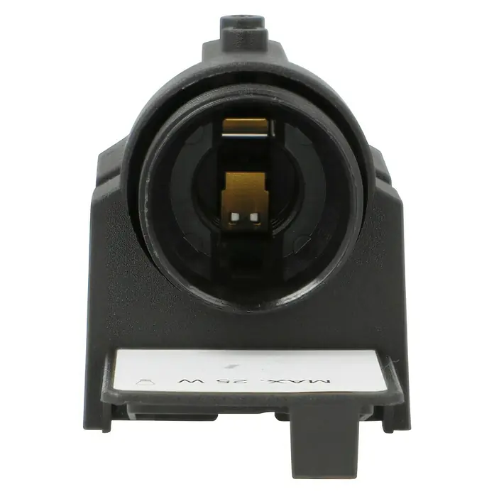Voltomat Möbeleinbaufassung 1-fach - E14, Schwarz, Max. Anschlussleistung: 25 W - Nahaufnahme einer schwarzen Lampenfassung, die für eine maximale Leistung von 25 W ausgelegt ist.