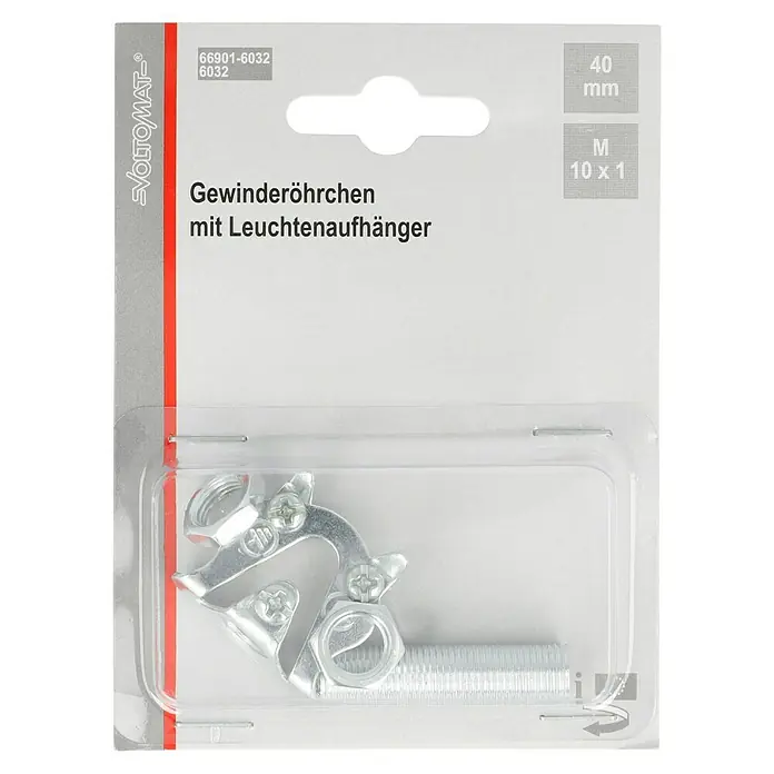 Voltomat Gewinderöhrchen M10x1 - 40 mm, Mit Leuchtenaufhänger & 2 Muttern - Verpackung einer Gewinderöhrchen-Leuchtenaufhängung von Voltomat, 40 mm, M 10 x 1.