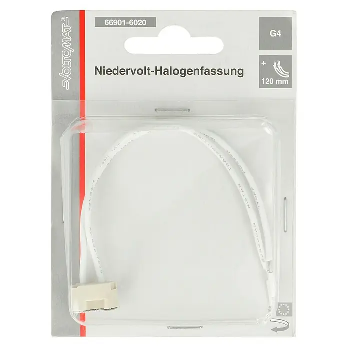 Voltomat Niedervolt-Halogen-Fassung - G4 - Produktabbildung einer Niedervolt-Halogenfassung G4 von Voltomat mit 120mm Kabellänge.