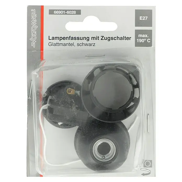 Voltomat Lampenfassung mit Zugschalter - E27, Schwarz, Kunststoff, Max. Anschlussleistung: 60 W - Lampenfassung mit Zugschalter, Glattmantel, schwarz, E27, max. 190°C. Zur Verwendung in Lampen und Leuchten.