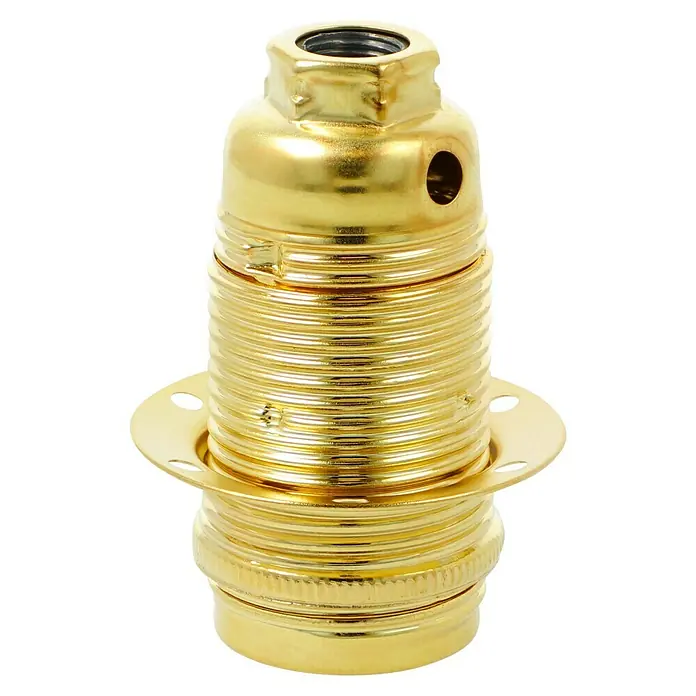 Voltomat Lampenfassung mit Außengewindemantel - E14, Metall, Vermessingt, Max. Anschlussleistung: 60 W, Messing - Nahaufnahme einer goldenen Lampenfassung. Das glänzende Metall und das Schraubgewinde deuten auf eine hochwertige Beleuchtungskomponente hin.