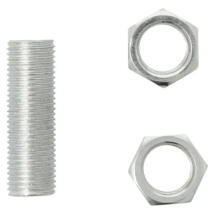 Voltomat Gewinderöhrchen M10x1 - 30 mm, Mit 2 Muttern - Schraube mit zwei Sechskantmuttern. Silberne Schraube mit zwei Sechskantmuttern auf schwarzem Hintergrund.