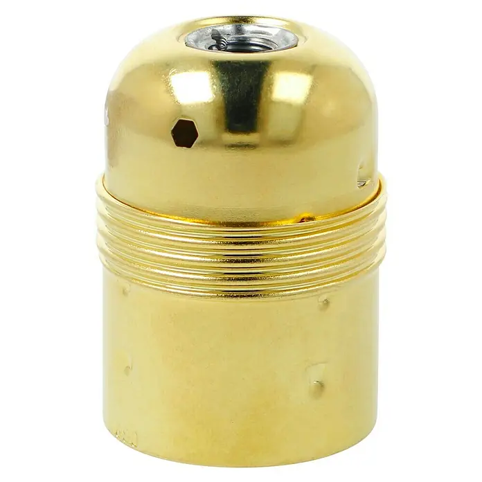 Voltomat Lampenfassung - E27, 100 W - Nahaufnahme einer glänzenden, goldenen Lampenfassung mit Gewinde für Leuchtmittel, ideal für stilvolle Beleuchtungsprojekte.