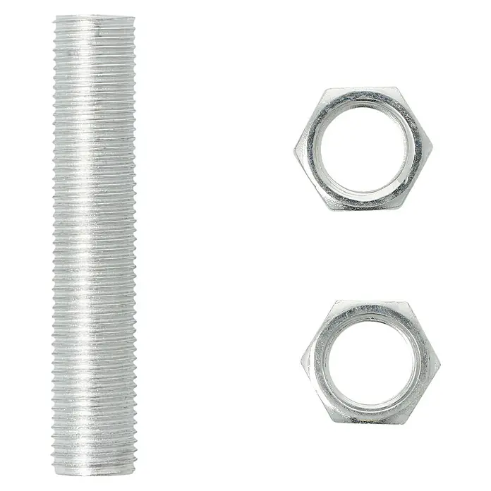 Voltomat Gewinderöhrchen M10x1 - 50 mm, Mit 2 Muttern - Auf dem Bild sind ein Gewindestab und zwei Sechskantmuttern aus Metall dargestellt. Sie sind vor einem schwarzen Hintergrund platziert.