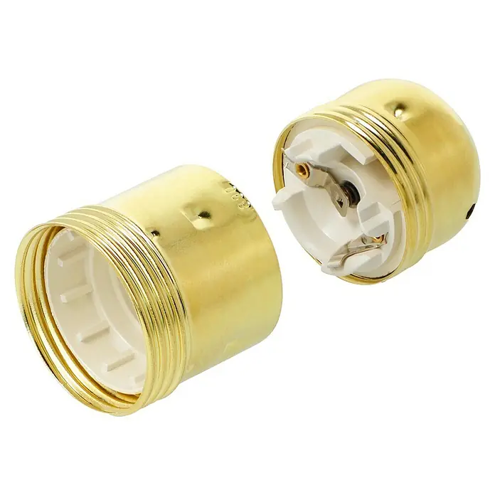 Voltomat Lampenfassung - E27, 100 W - Nahaufnahme einer zerlegten goldenen Lampenfassung, die das Innere und die Gewinde zeigt.
