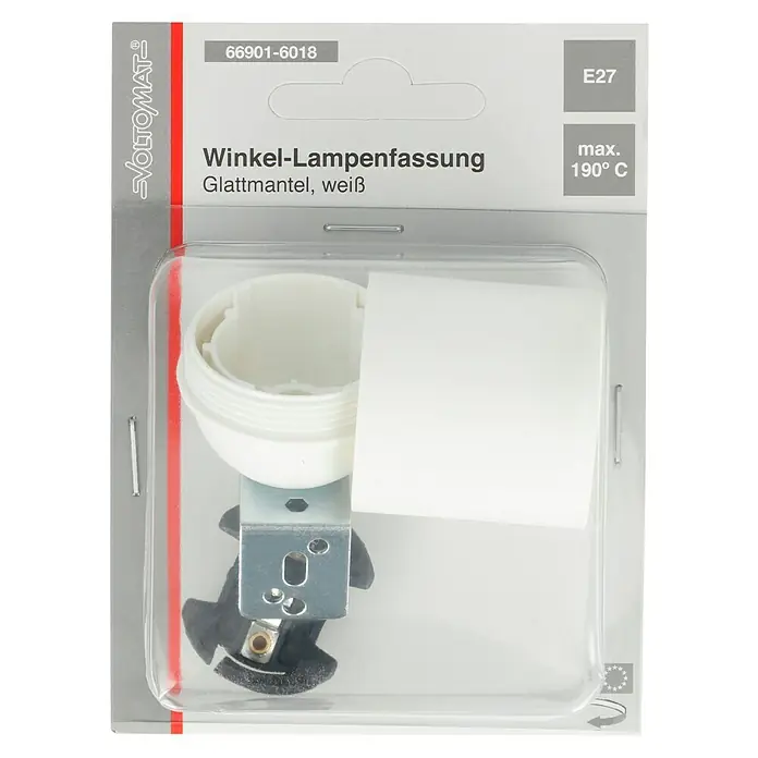 Voltomat Winkel-Lampenfassung mit Glattmantel - E27, Weiß, Thermoplast, Max. Anschlussleistung: 60 W - Winkel-Lampenfassung Glattmantel, weiß von VOLTOMAT. Diese Lampenfassung ist für E27-Glühbirnen geeignet und hält bis zu 190°C stand.