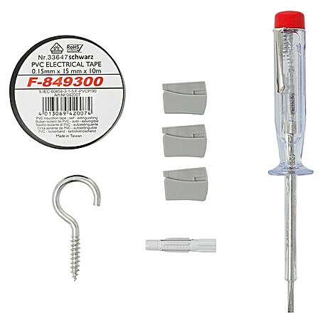 Voltomat Anschluss-Set Leuchten (1 x Spannungsprüfer, 1 x Isolierband, 1 x Deckenhaken, 1 x Dübel, 3 x Leuchtenklemme VDE)