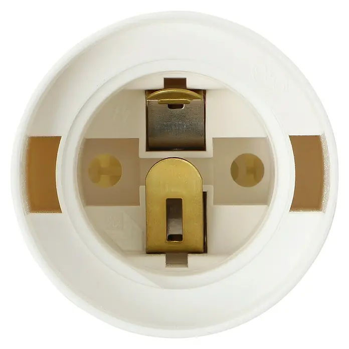 Anschluss-Set Lampen - Kabellänge: 3 m - Nahaufnahme einer weißen Lampenfassung mit goldenen und silbernen Kontakten, die ein sauberes und funktionales Design zeigt.