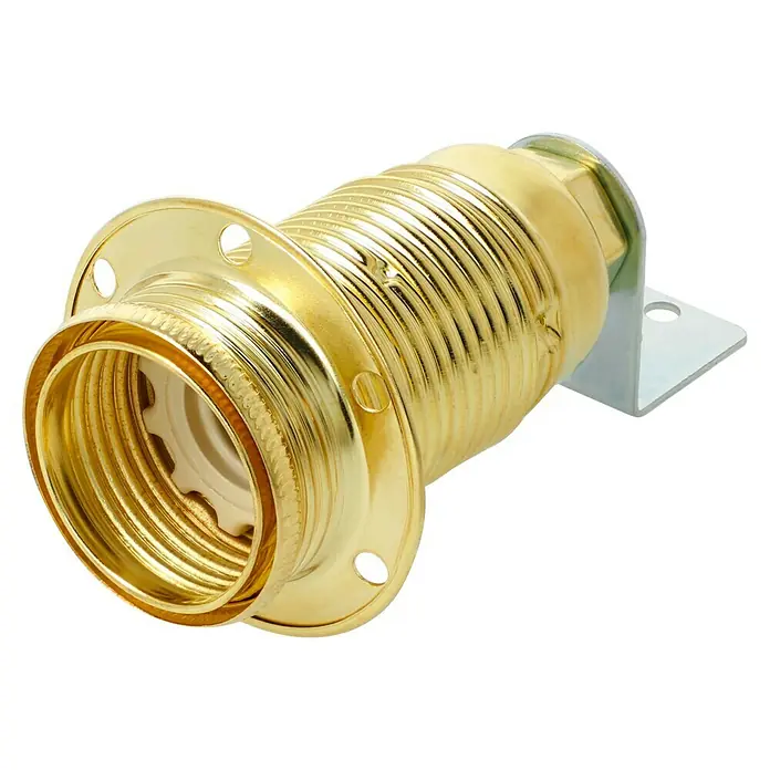 Voltomat Winkel-Lampenfassung mit Außengewindemantel - E14, Metall, Vermessingt, Max. Anschlussleistung: 60 W, Messing - Goldene Lampenfassung mit Befestigungswinkel für stilvolle Beleuchtungslösungen.