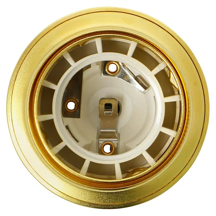 Voltomat Lampenfassung mit Außengewindemantel - E27, Metall, Vermessingt, Max. Anschlussleistung: 60 W, Messing - Nahaufnahme einer runden, goldenen Lampenfassung mit weißem Innenleben und Metallelementen, die ein modernes Design für Beleuchtungslösungen zeigt.