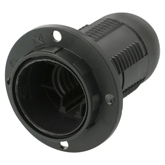 Voltomat Lampenfassung mit Außengewindemantel - E14, Kunststoff, Max. Anschlussleistung: 60 W, Schwarz - Eine schwarze Lampenfassung mit einer runden Basis und einem geriffelten zylindrischen Körper, ideal für Beleuchtungsprojekte.
