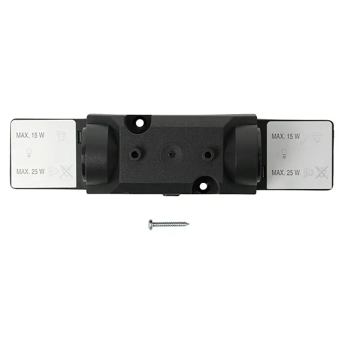 Voltomat Möbeleinbaufassung 2-fach - E14, Schwarz - Nahaufnahme eines schwarzen Produktes mit Aufklebern, die maximale Wattzahlen angeben, zusammen mit einer einzelnen Schraube.