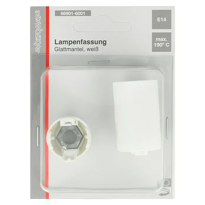 Voltomat Lampenfassung mit Glattmantel - E14, Weiß, Kunststoff, Max. Anschlussleistung: 60 W - Eine Lampenfassung E14, Glattmantel, weiss, in einer transparenten Verpackung, ideal für Beleuchtungsprojekte.