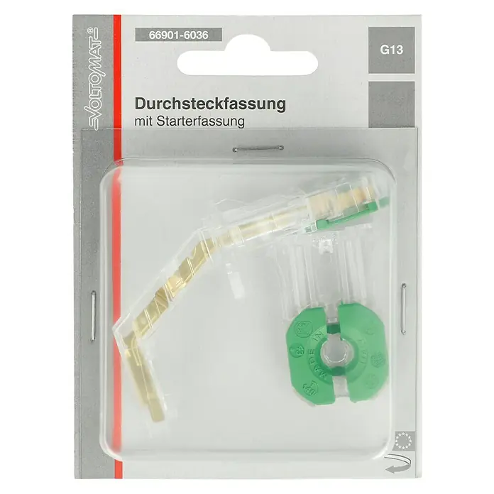 Voltomat Durchsteckfassung mit Starterfassung - G13 - Durchsteckfassung mit Starterfassung von VOLTOMAT. Die Fassung ist für Leuchtstofflampen und verfügt über eine Aufnahme für den Starter.