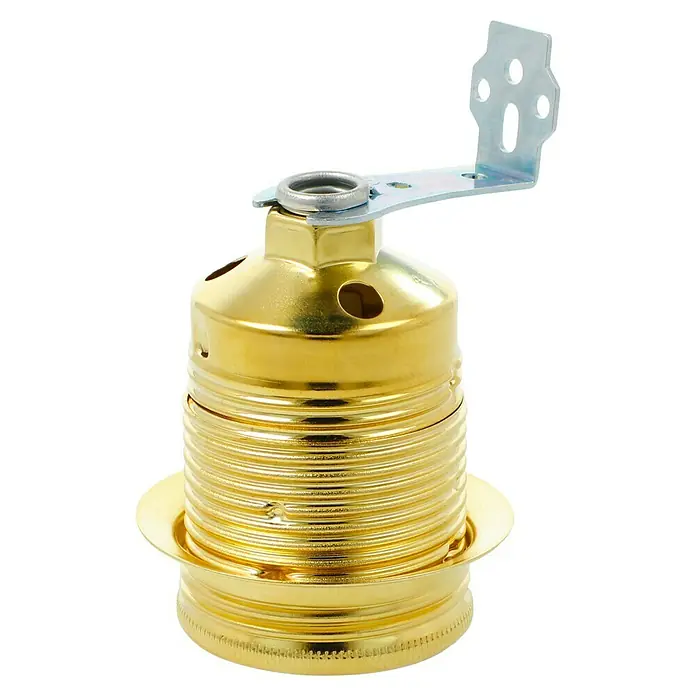 Voltomat Winkel-Lampenfassung mit Außengewindemantel - E27, Metall, Vermessingt, Max. Anschlussleistung: 60 W - Abgebildete goldfarbene Lampenfassung mit Metallhalterung zur Befestigung. Ideal für DIY-Beleuchtungsprojekte.