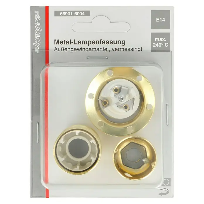 Voltomat Lampenfassung mit Außengewindemantel - E14, Metall, Vermessingt, Max. Anschlussleistung: 60 W, Messing - Metal-Lampenfassung im Blisterpack. Messing-beschichteter Außengewindemantel, E14, max. 240° C.