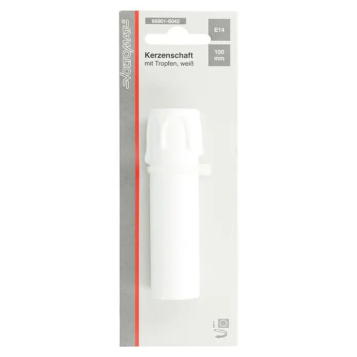 Voltomat Kerzenschaft mit Tropfen - E14, Länge: 100 mm, Weiß - Ein Kerzenschaft mit Tropfen in Weiß, verpackt und bereit für die Montage. Die E14 Fassung und 100mm Länge sind ideal für Leuchten.